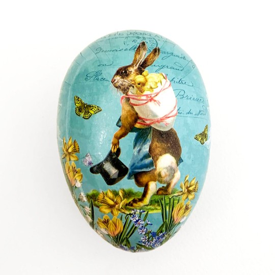 4-1/2" Blue Top Hat Bunny Papier Mache Easter Egg Container ~ Germany